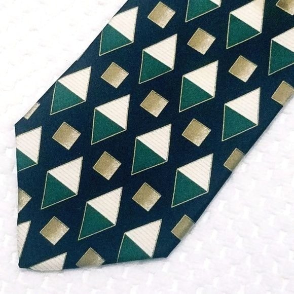 John Blair Green Black Diamond Print Silk Tie - Picture 2 of 3
